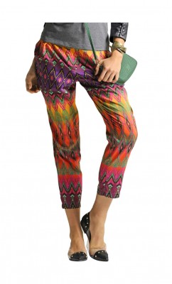 ALBA MODA dámské barevné kalhoty, letní kalhoty s etnickým potiskem